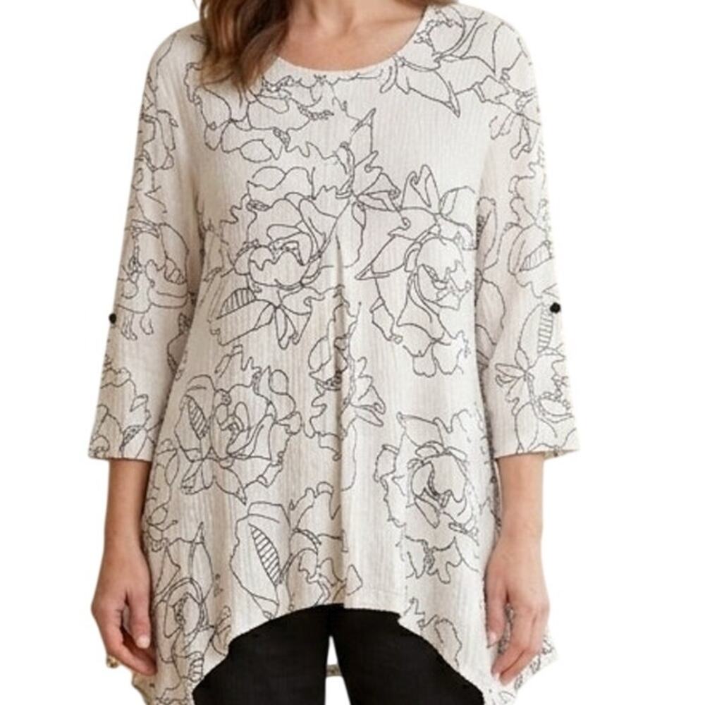 Ali Miles Lagenlook Top Womens Large Size Ivory Black Funky Buttons Asymmetrical
